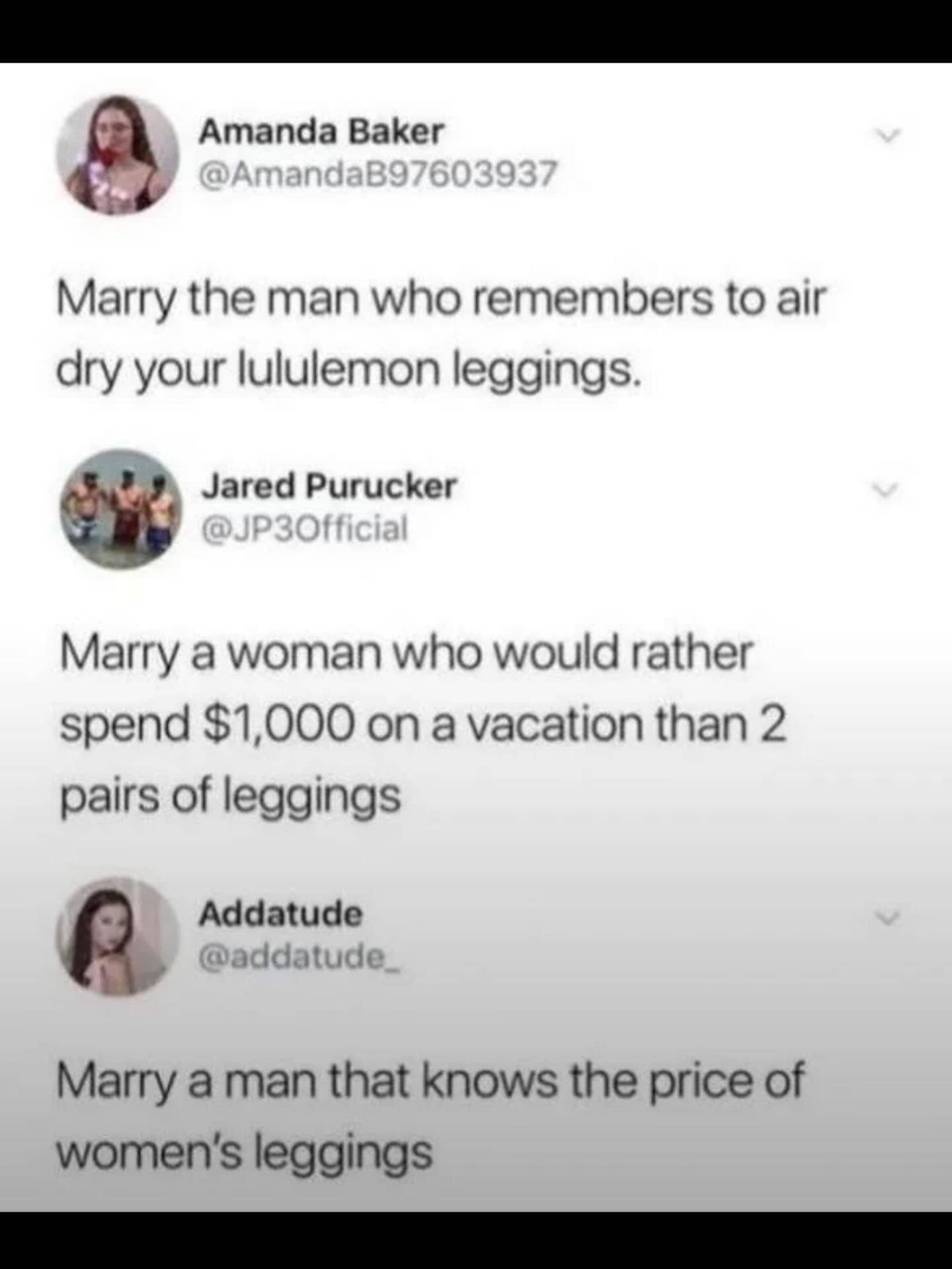 Twitter thread debate about Lululemon leggings price and marriage advice meme.