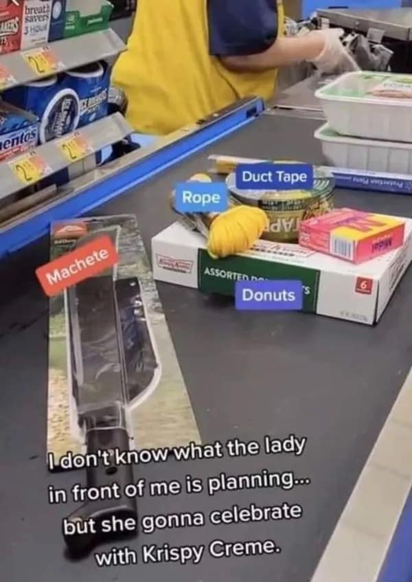 Grocery belt with machete rope duct tape and donuts funny memes.