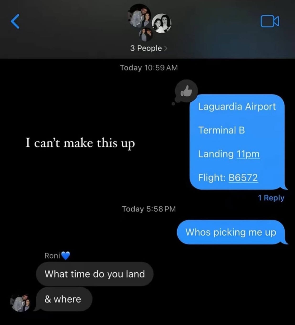 Screenshot of a text conversation where a person ignores flight details they just received.