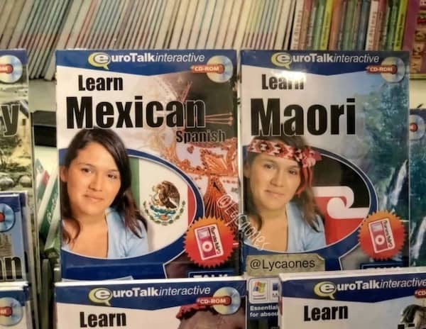 Language learning CDs using identical stock photo model for Mexican and Maori.