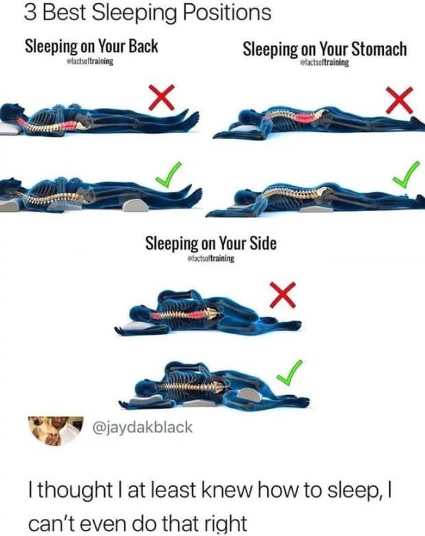 Medical diagram of sleeping positions with a comment about failing at sleeping correctly.