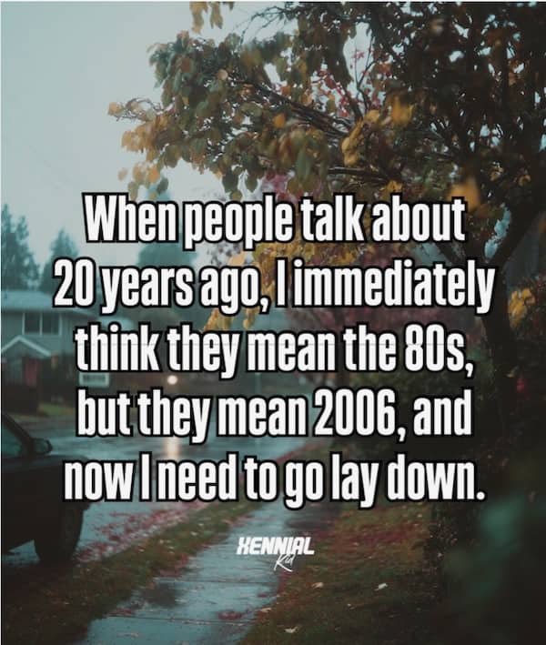 Text overlay on a blurry rainy street background about the shock of time passing since 2006.