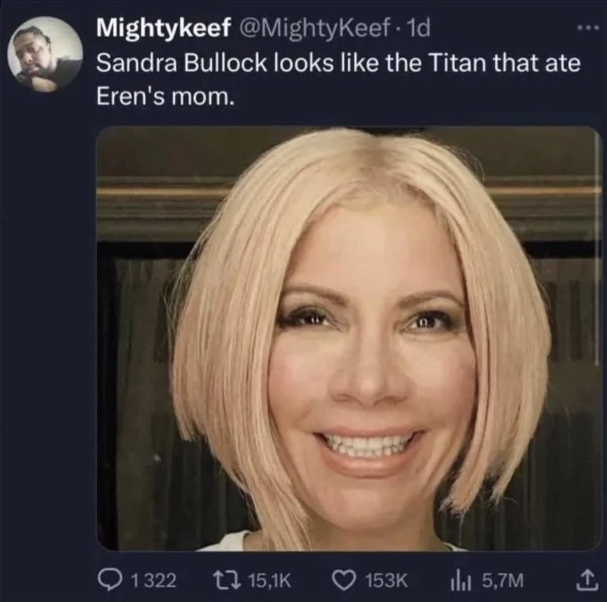 Tweet comparing Sandra Bullock's blonde haircut to the smiling Titan from Attack on Titan.