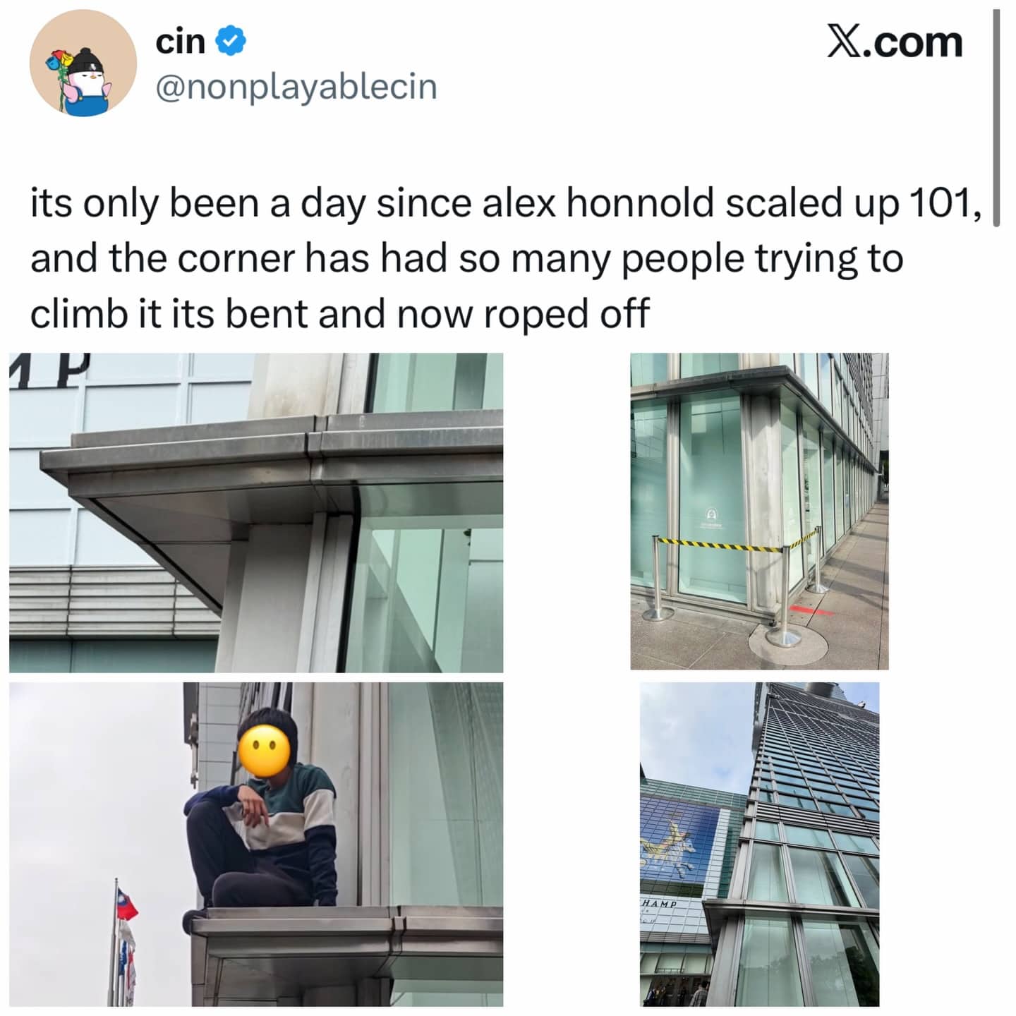 Four photos showing a damaged building corner roped off after people tried to climb it.