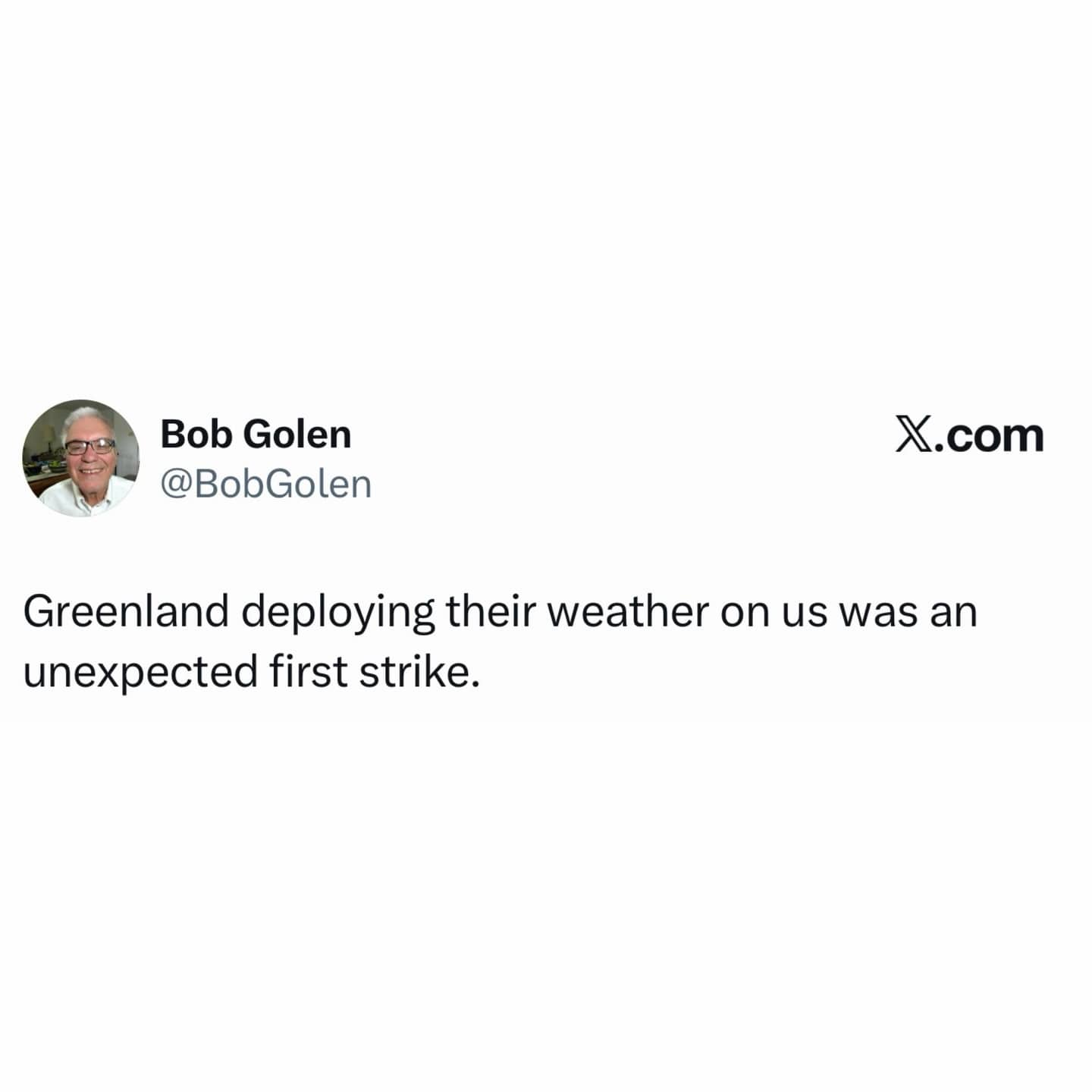 A screenshot of a social media post about Greenland deploying their weather as a first strike.