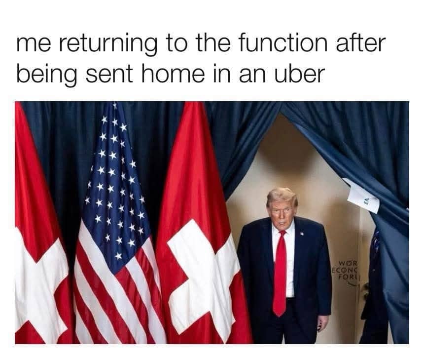 Donald Trump walking through a curtain captioned about returning to a party after being sent home.