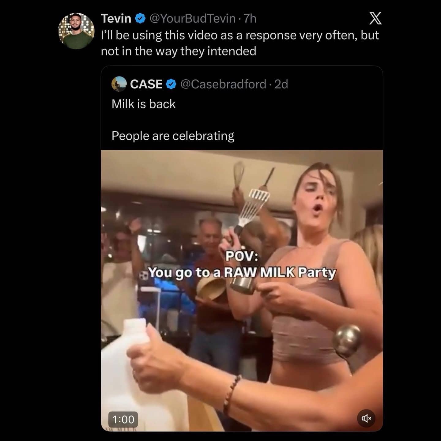 Screenshot of a chaotic video about a raw milk party with a woman holding a whisk.