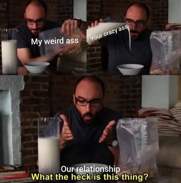 Vsauce Michael Stevens mixing two glasses of milk labeled "weird ass" and "crazy ass" into a relationship.