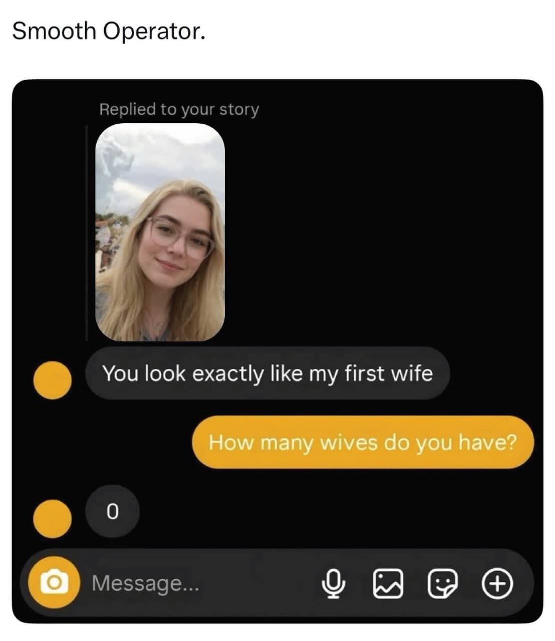 Text conversation using zero wives punchline to flirt with selfie.