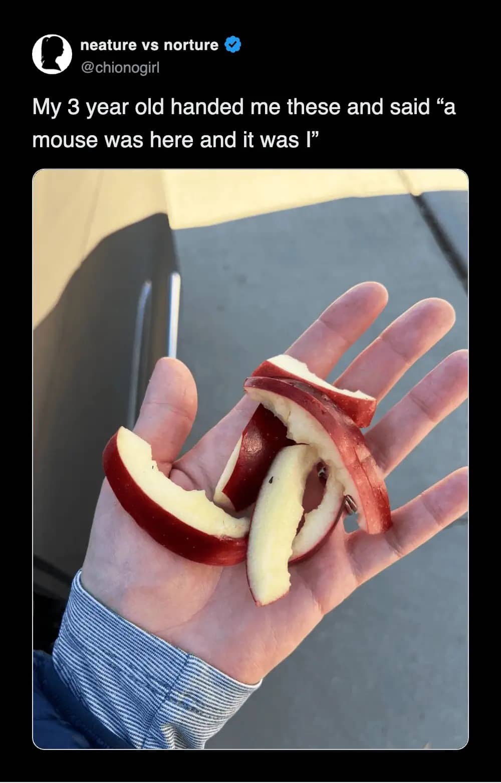 Hand holding apple slices chewed by toddler pretending to be a mouse meme.