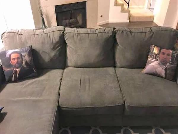 Couch pillows featuring Charlie and Mac from It's Always Sunny staring at each other.