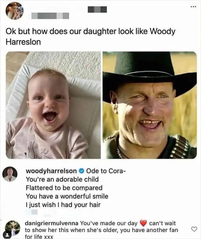 Baby looking exactly like Woody Harrelson with actor's reply funny memes.