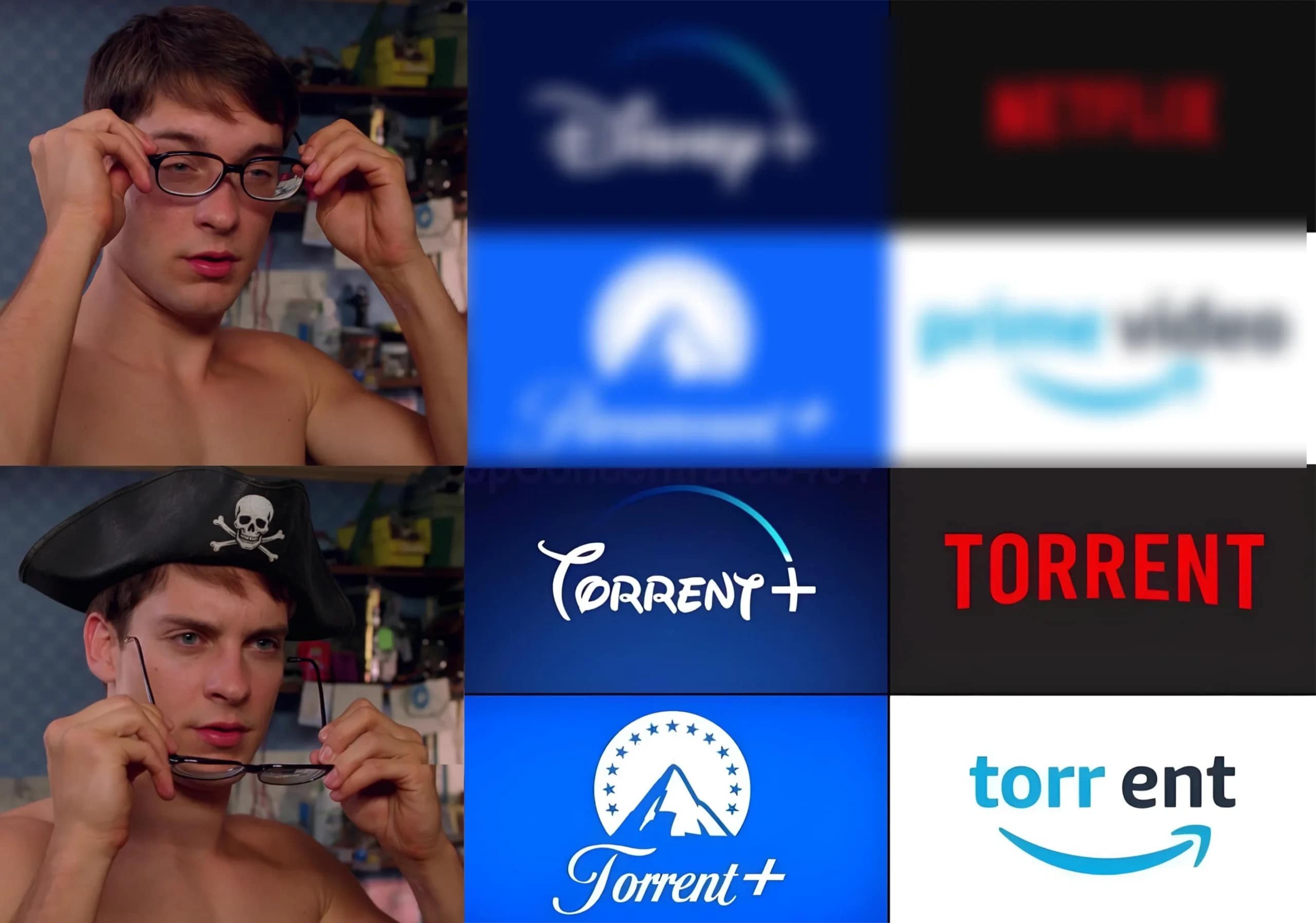 Tobey Maguire Spiderman glasses meme comparing streaming services to torrent sites.