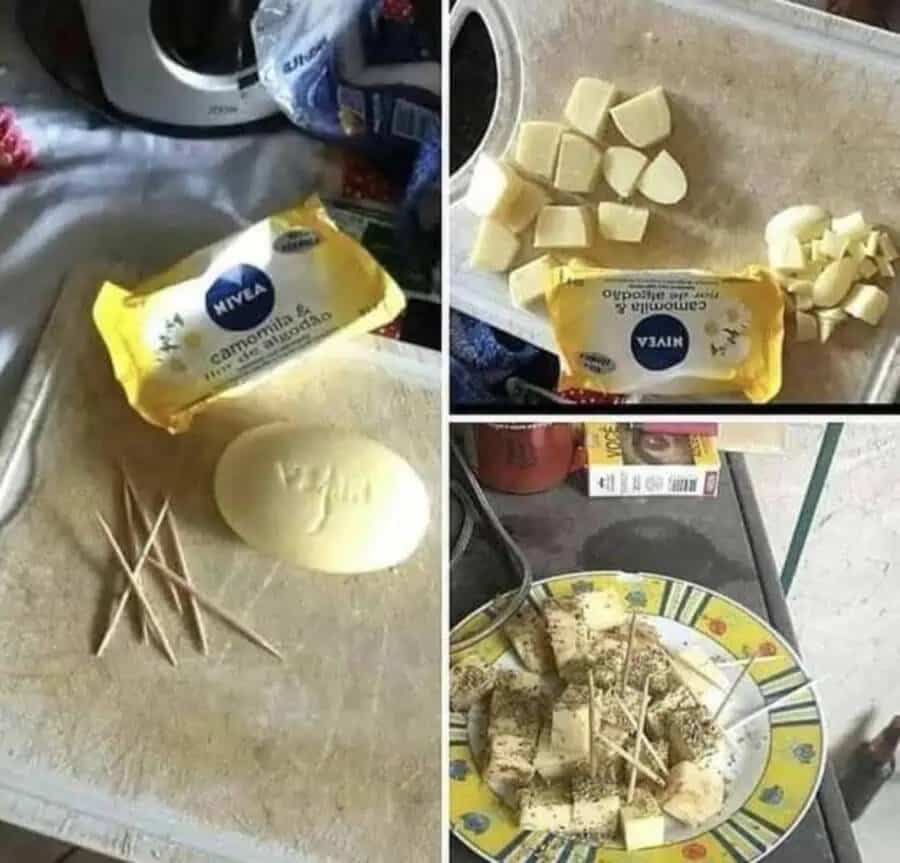 Photos showing Nivea soap bar being cut into cubes and served as cheese appetizers.