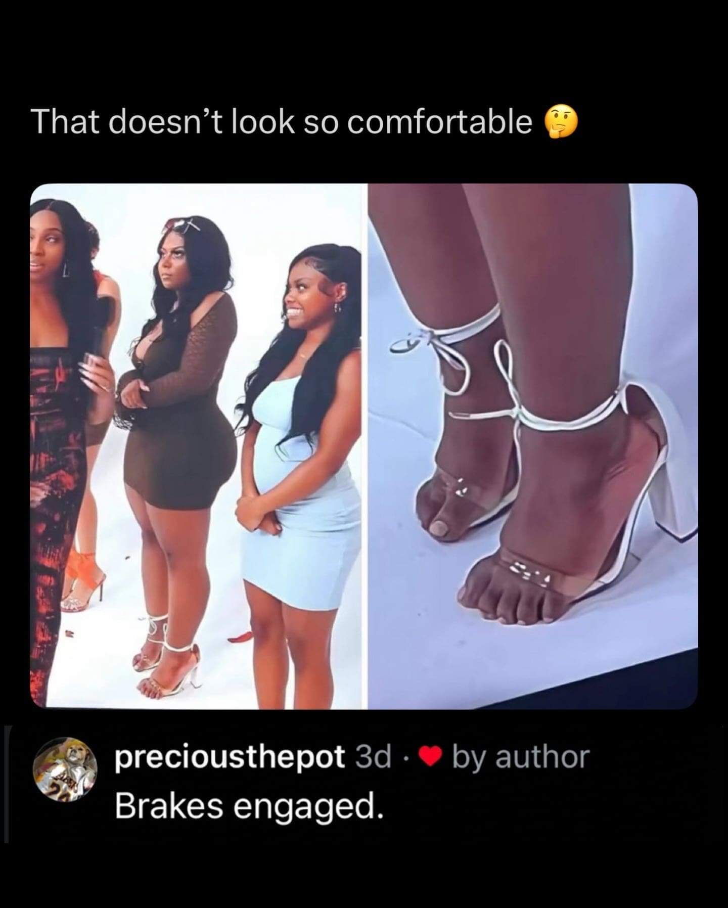 Close up of toes smashed against clear high heels brakes engaged funny meme.