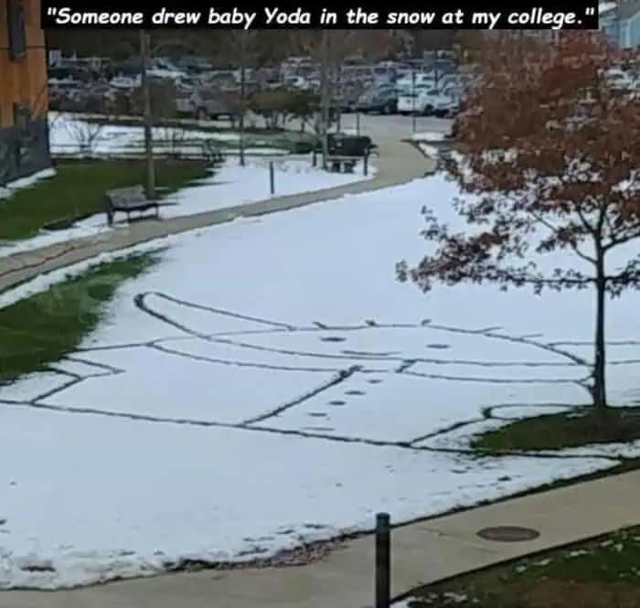Giant Baby Yoda Grogu drawing made in snow at college funny memes.