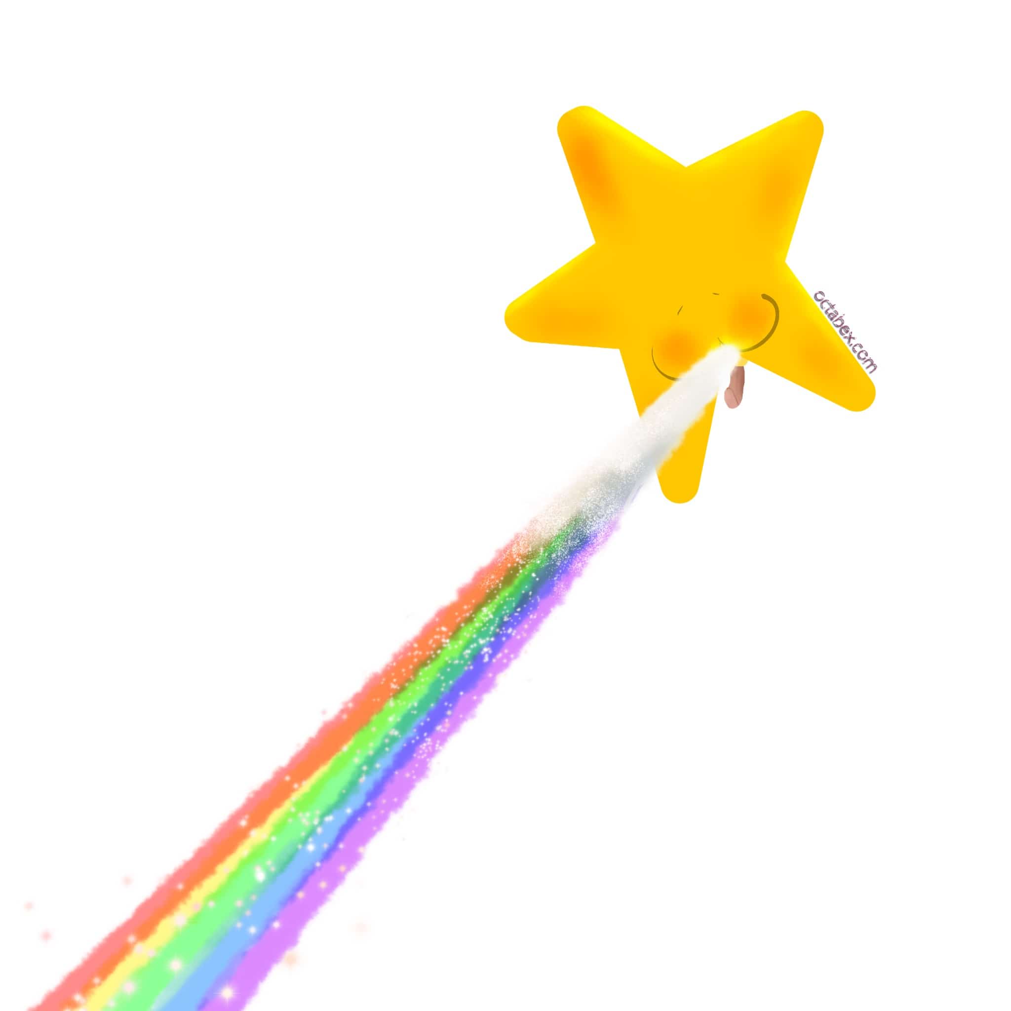 Cute cartoon yellow star vomiting a stream of colorful rainbow sparkles.
