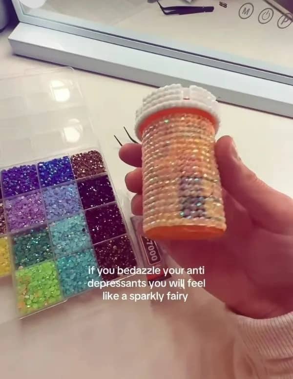 Bedazzled rhinestone antidepressant pill bottle mental health humor meme.