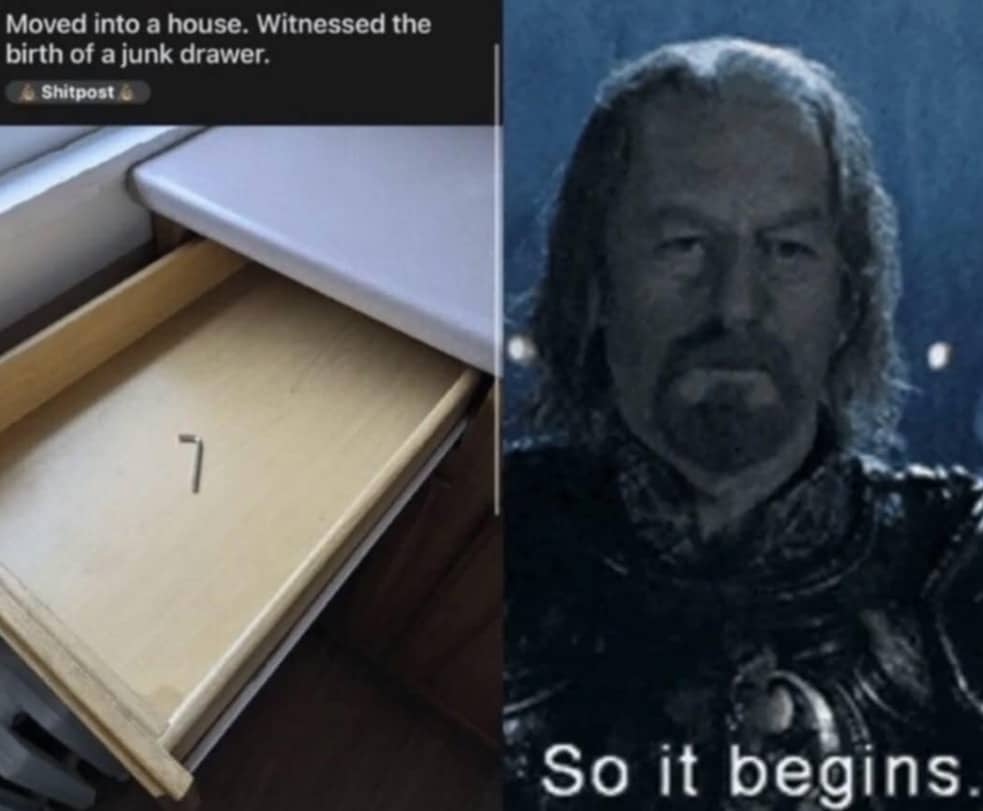 Single Allen key in empty drawer labeled as the start of a junk drawer.