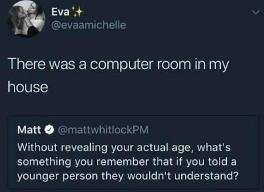 Viral tweet about having a dedicated computer room in the house during childhood.