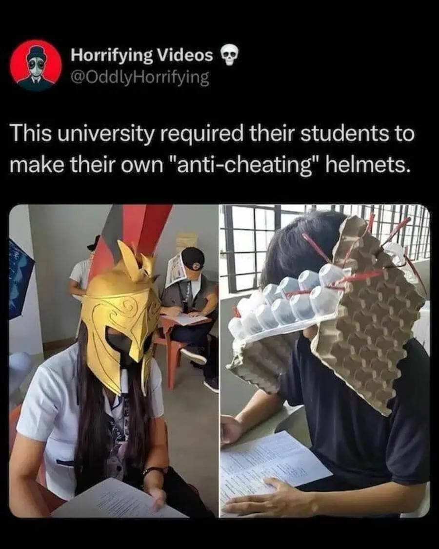 Students wearing homemade cardboard Spartan and egg carton helmets to prevent cheating during exams.