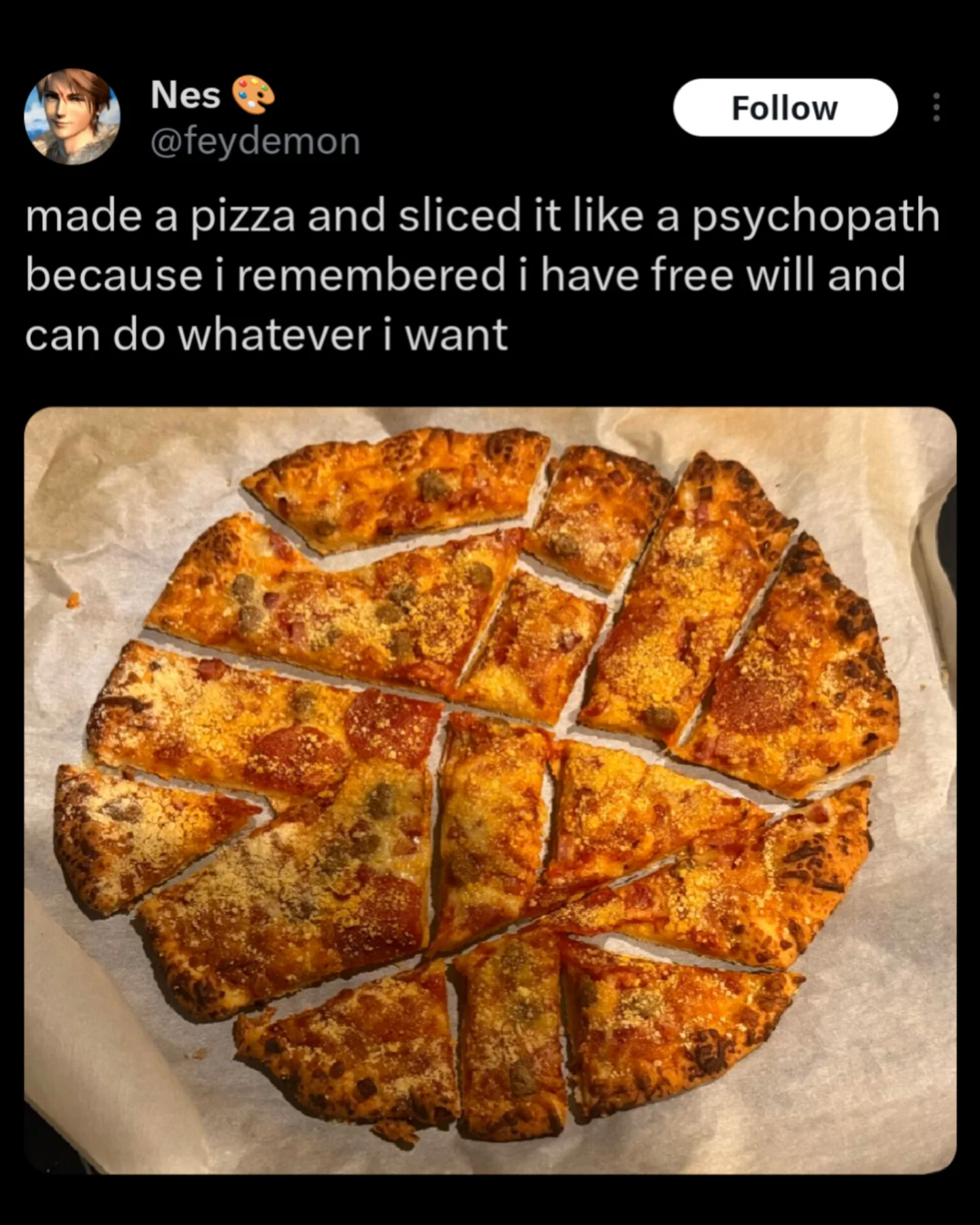 Round pizza cut into chaotic random shapes instead of slices.