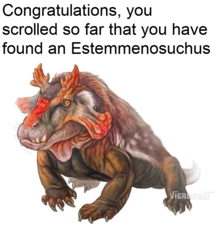 Illustration of prehistoric Estemmenosuchus rewarding user for scrolling deep.