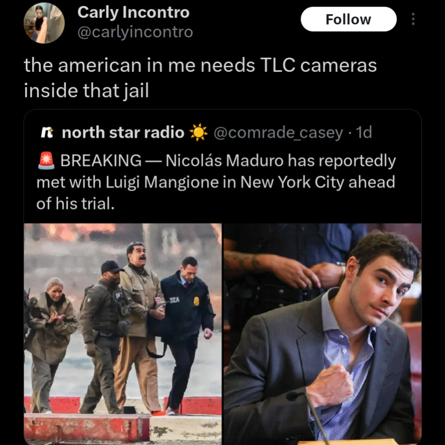 Tweet demanding TLC reality show for Luigi Mangione and Maduro jail meeting funny meme.