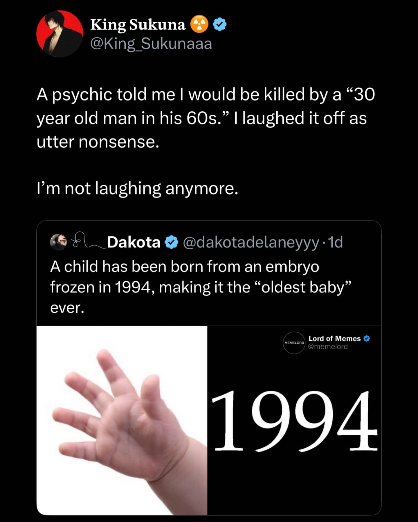 Viral tweet connecting psychic prediction to baby born from 1994 frozen embryo.