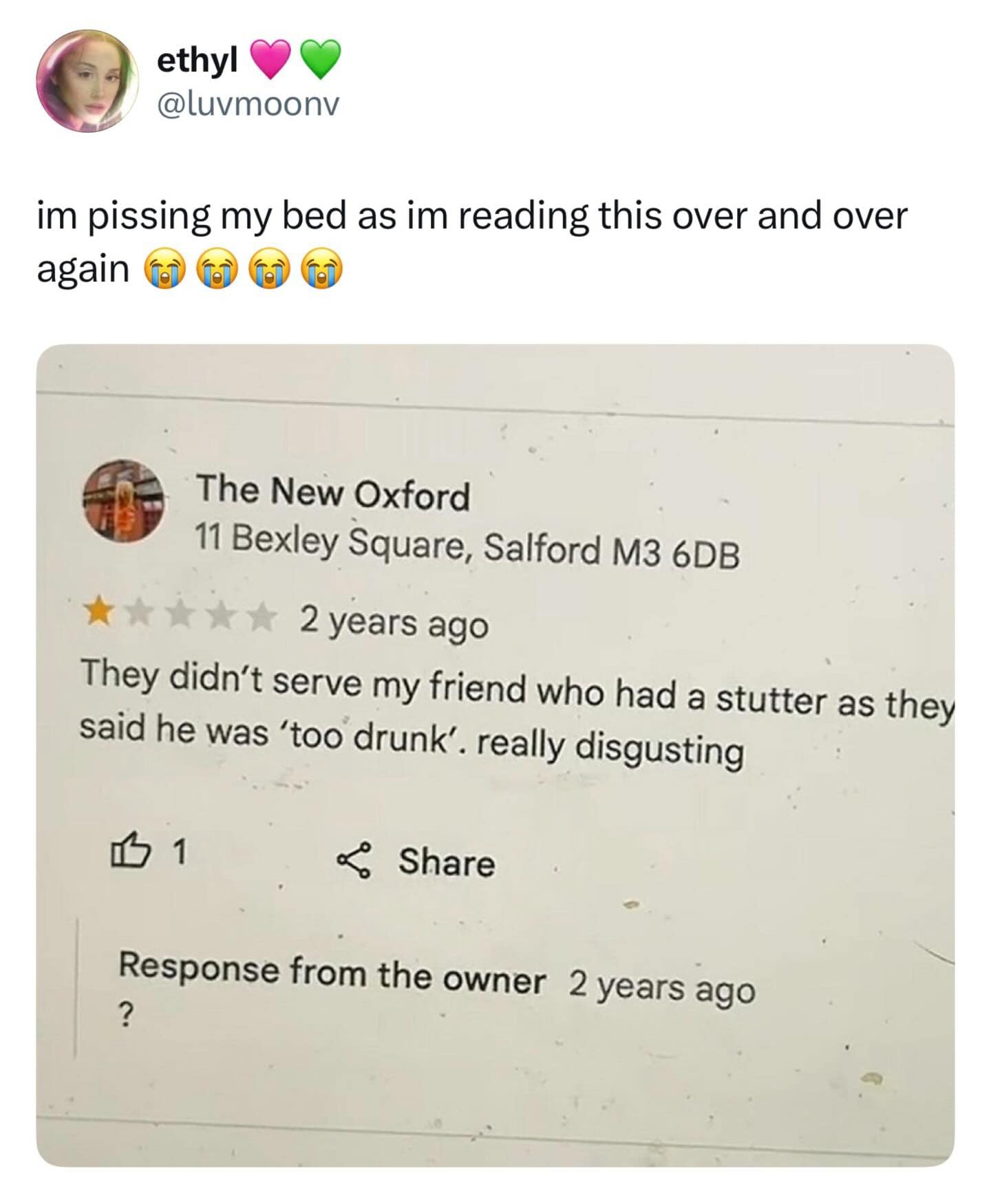 Google review owner replies with question mark to stutter complaint funny memes.