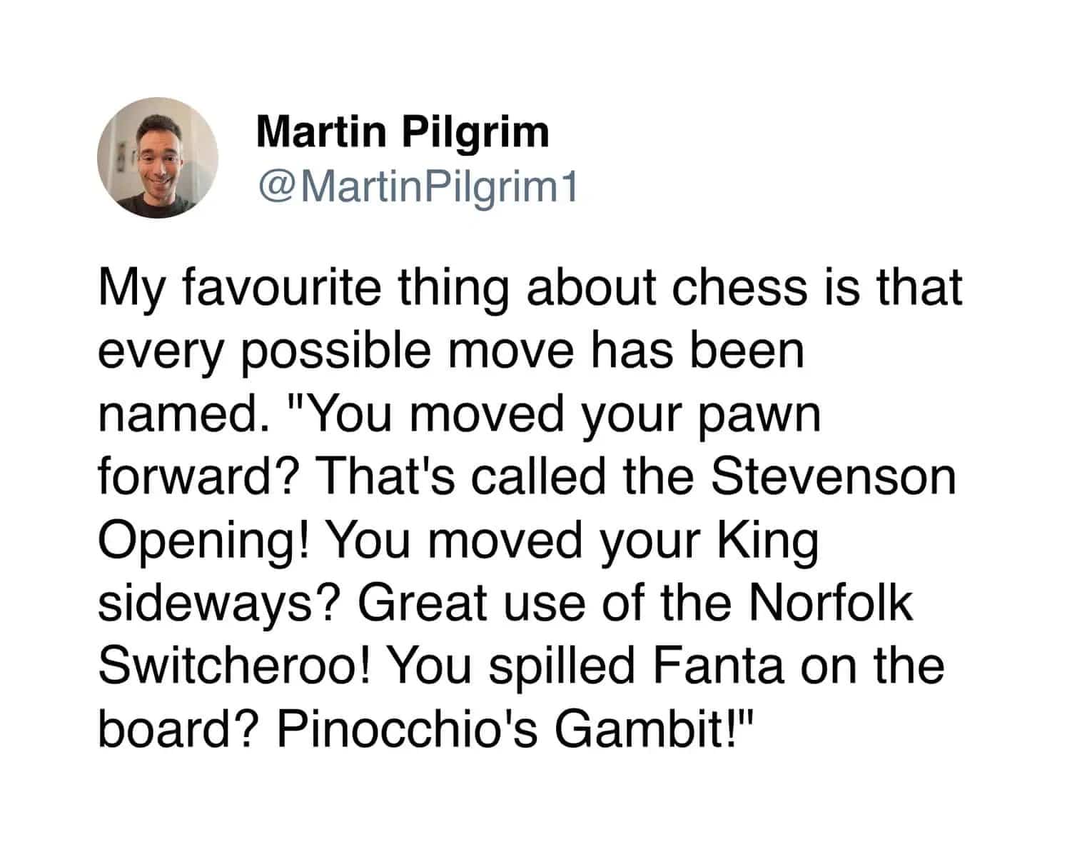 Tweet mocking chess move names like Stevenson Opening and Pinocchio's Gambit.