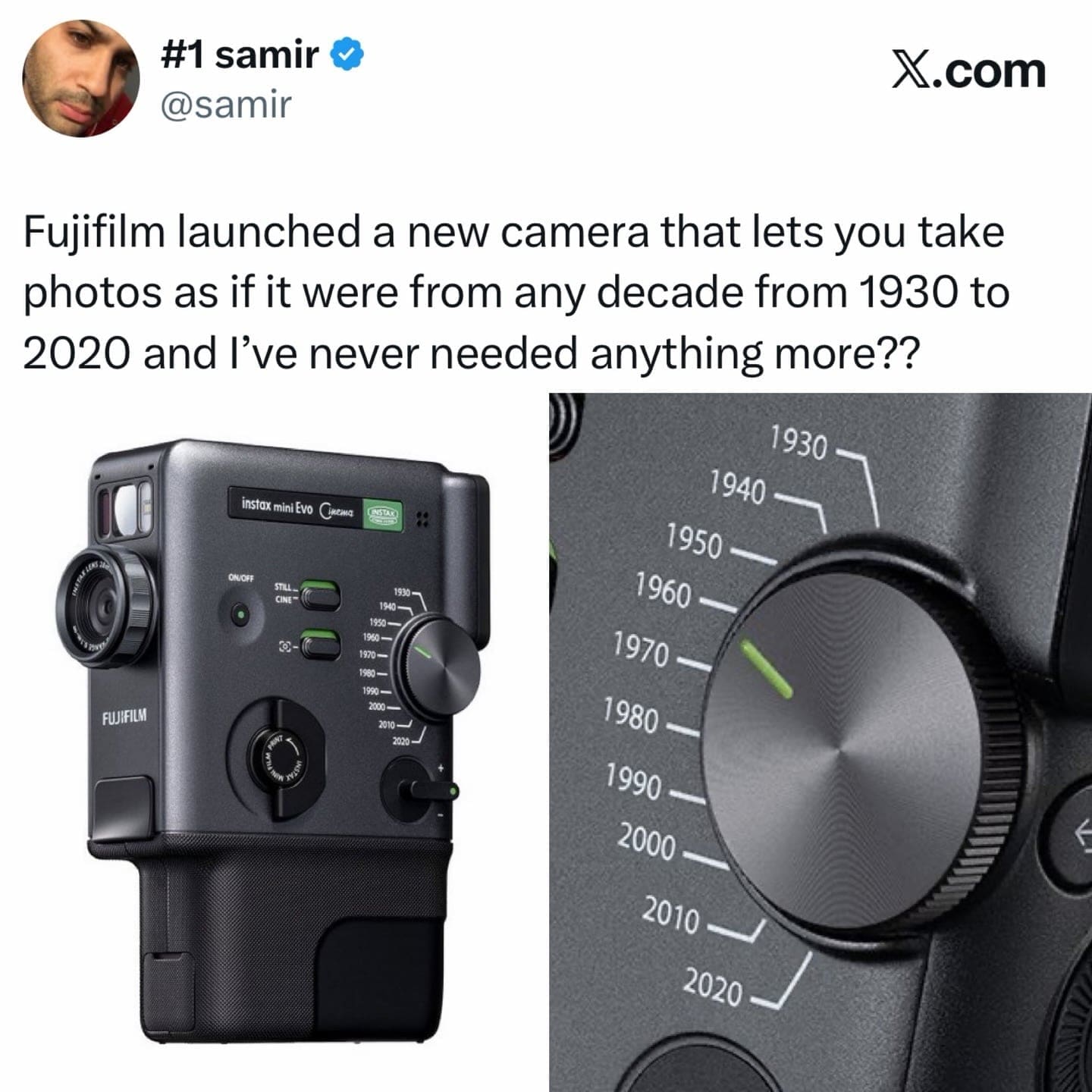 Fujifilm camera with dial to change photo style by decade funny meme.