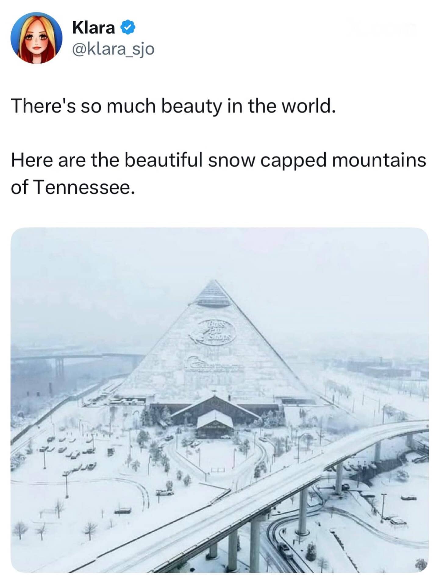 Bass Pro Shops pyramid in Memphis covered in snow viral meme.