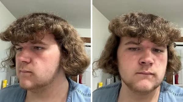 Side by side selfies of a man with a terrible puffy bowl cut hairstyle.