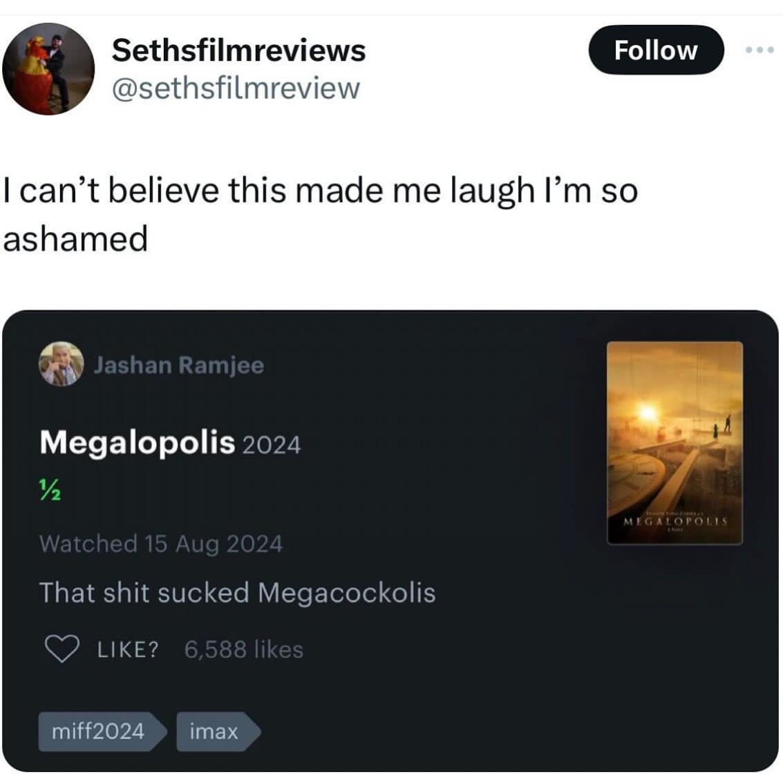 Megalopolis movie review calling it Megacockolis funny memes letterboxd.