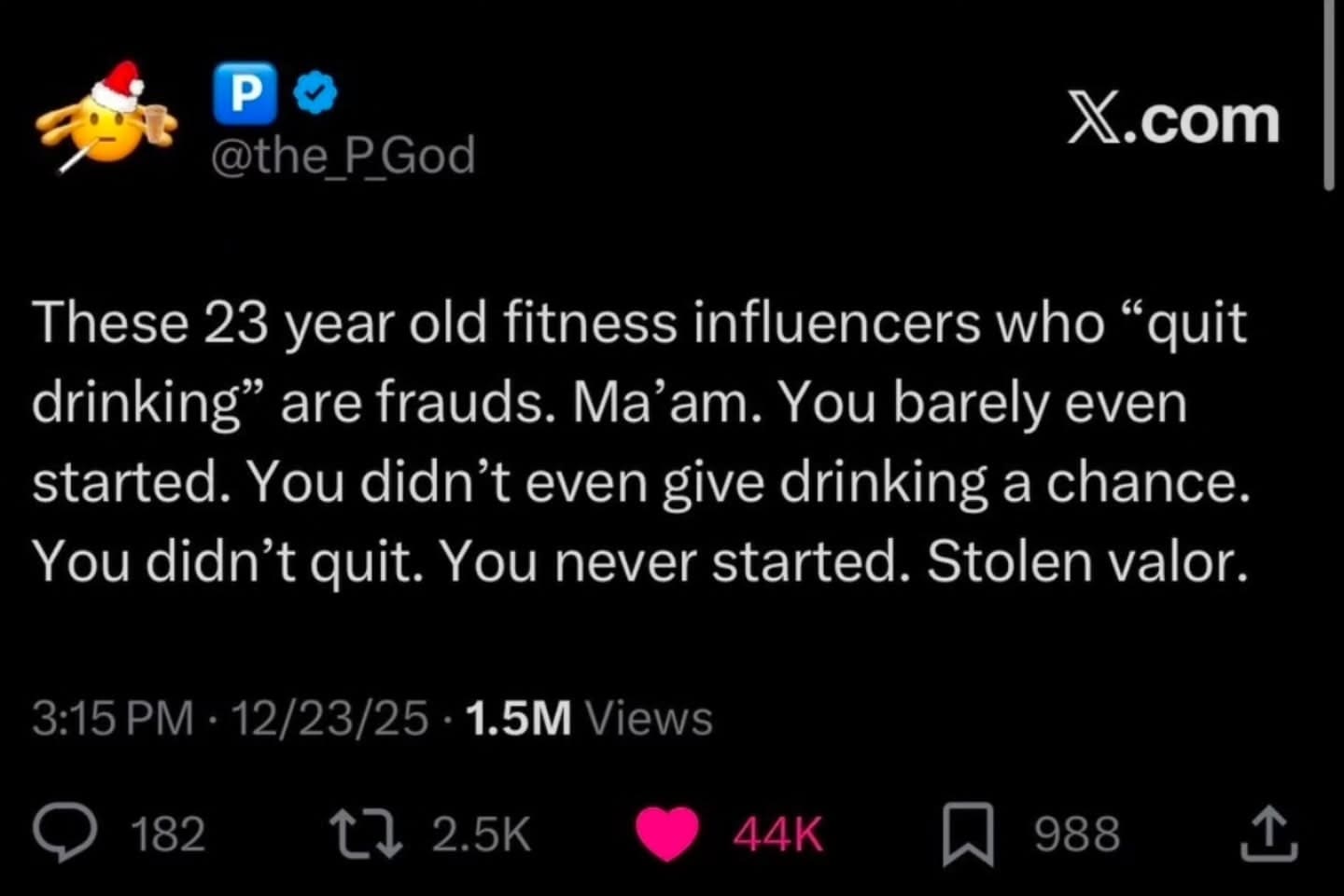 Tweet roasting young fitness influencers for quitting drinking too early funny meme.