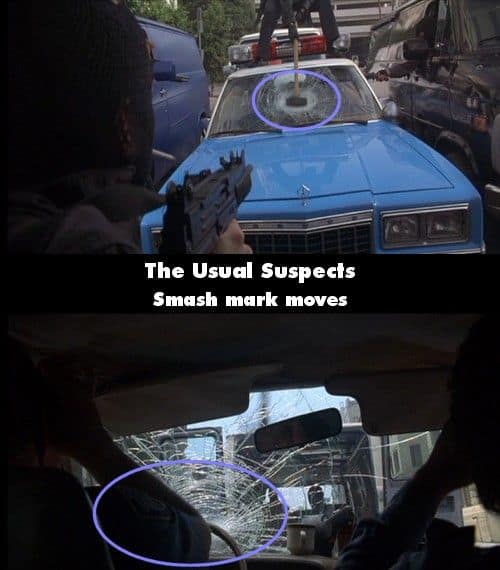 A funny movie mistake in The Usual Suspects showing a smashed windshield crack moving positions.