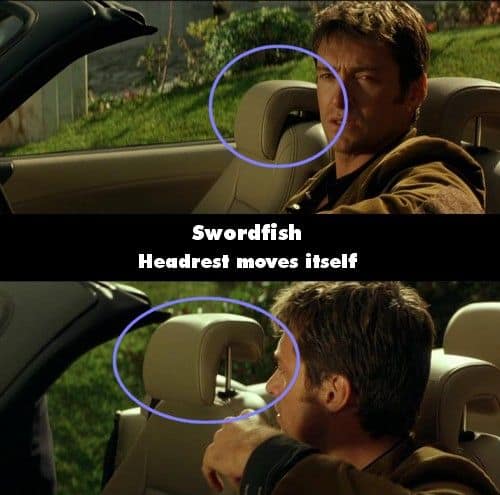 A funny movie mistake in Swordfish showing a car headrest changing height between shots.