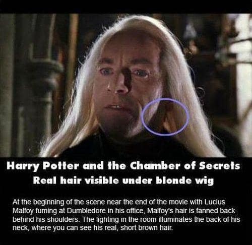 A funny movie mistake in Harry Potter showing Jason Isaacs' real brown hair under his blonde wig.