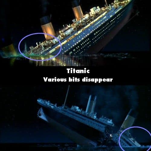 A funny movie mistake in Titanic where parts of the ship deck disappear during the sinking scene.