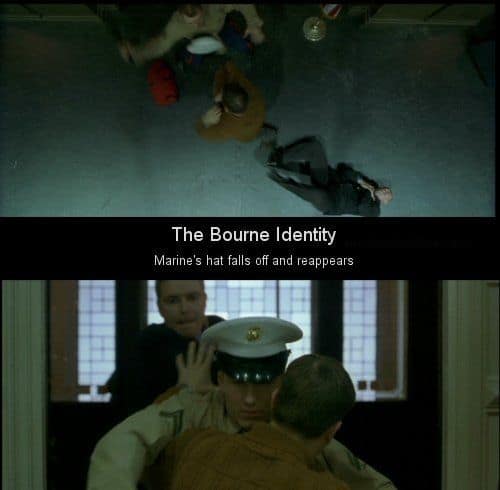 A funny movie mistake in The Bourne Identity where a marine's hat falls off and instantly reappears.