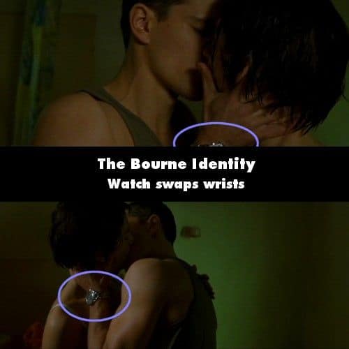 A funny movie mistake in The Bourne Identity showing a watch switching wrists during a kissing scene.
