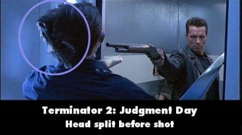 A funny movie mistake in Terminator 2 showing the T-1000's head splitting before the gun is fired.