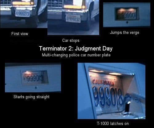 A funny movie mistake in Terminator 2 showing a police car's license plate changing numbers multiple times.