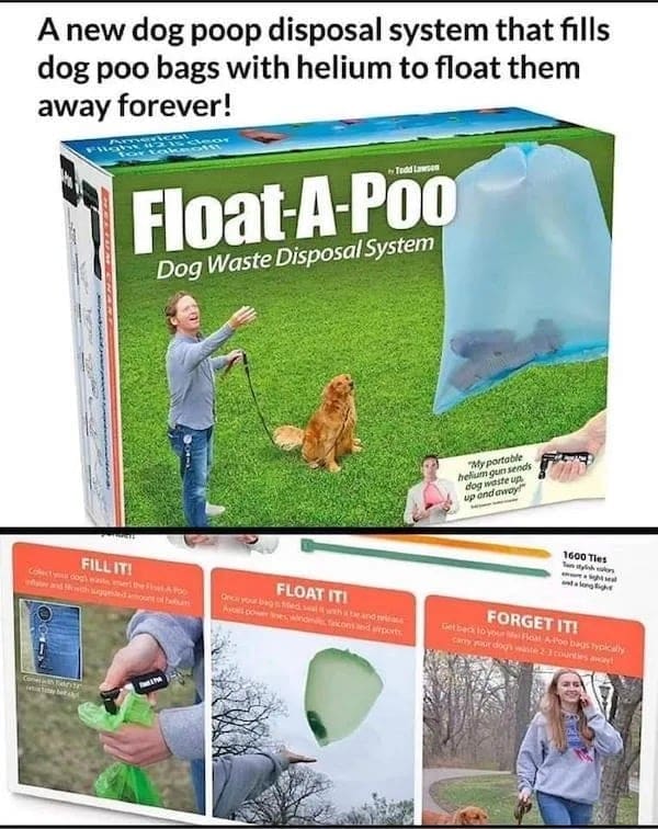 Product box for a fake dog waste disposal system using helium balloons.