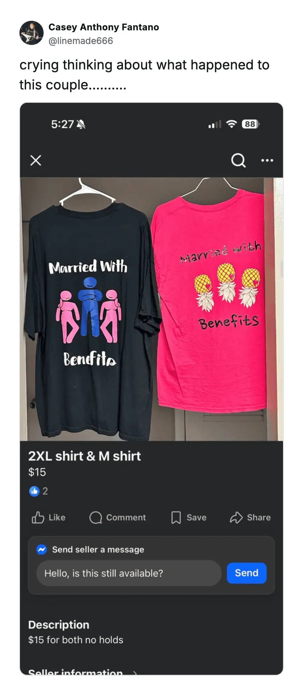Facebook Marketplace listing for matching swingers shirts sold separately after an apparent breakup.