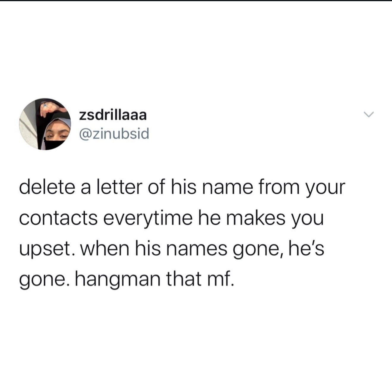 Tweet suggesting a game of deleting contact name letters for every time a partner upsets you.