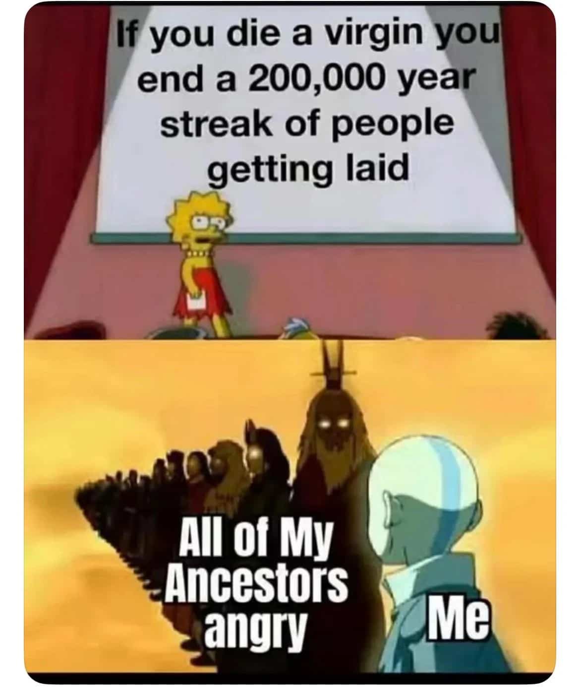 Lisa Simpson presentation meme regarding the evolutionary pressure of losing virginity.