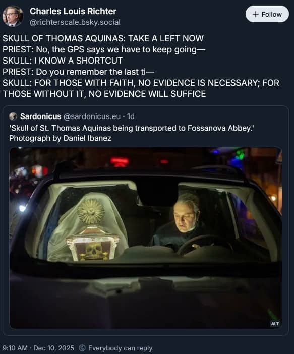 Skull of Thomas Aquinas reliquary in a car with funny dialogue about giving directions.