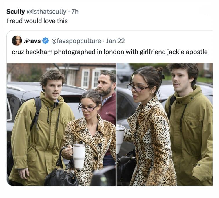 Cruz Beckham walking with girlfriend resembling Victoria Beckham in viral Freud joke tweet.